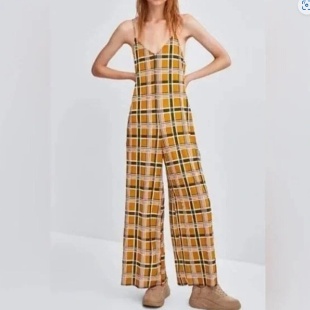 NWT Zara Circular Collection Plaid Wide Leg Jumpsuit Mustard Green Brown Medium